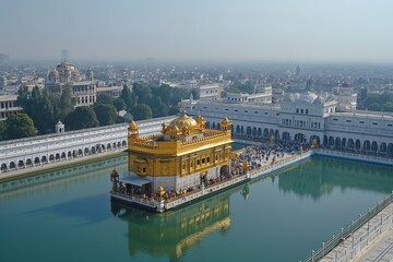 Naklejka premium Amritsar golden Sikh temple in Punjab, India, aerial view