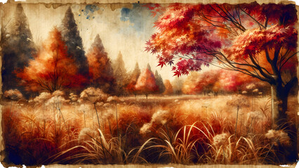 Vintage Landscape with Autumn Season, Maple leaf Nature's Symphony in Seasons to capture its essence of blending different seasonal elements and the beauty of nature