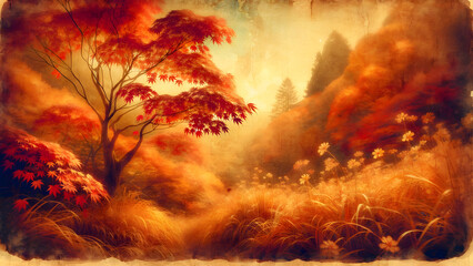Vintage Landscape with Autumn Season, Maple leaf Nature's Symphony in Seasons to capture its essence of blending different seasonal elements and the beauty of nature