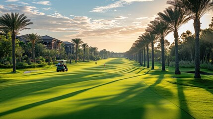 A resort with a golf field with a nice morning sunshine, Generative AI.