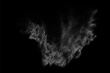 White grainy texture. Abstract dust overlay. Grain noise. White explosion on black background. Splash realistic effect. Vector illustration.	