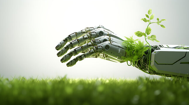 HighTech Futuristic Robot Hand Grasping Nature's Essence in a Lush Green Field, AI generated