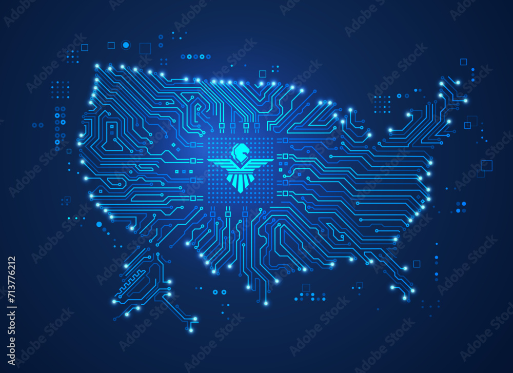 Wall mural concept of technology industries in usa, graphic of united states map combined with circuit pattern