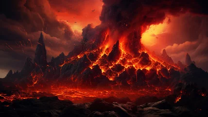 Wandcirkels tuinposter an image of a fiery volcano landscape. © Samvel