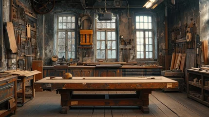 Foto op Canvas Vintage woodworking shop wood projects bench home winter hand tools, Generative AI. © Planum