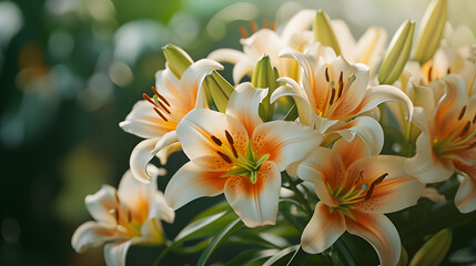 Exquisite Lily Petals: Close-up of Vibrant Blooms in Nature, Botanical Elegance: Garden Bouquet Featuring Lush Lily Blossoms, generated by AI