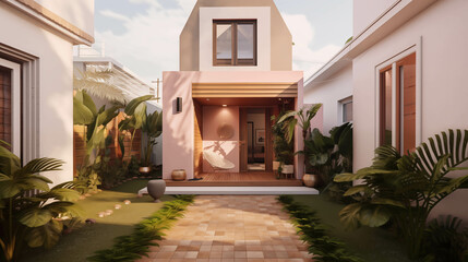 architecture two story small house design with big door and cute facade with brown foot path