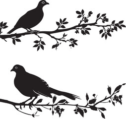 Quail on branch black silhouette on white background 