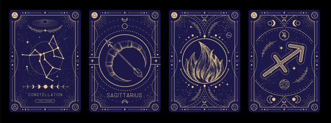 Set of Modern magic witchcraft cards with astrology Sagittarius zodiac sign characteristic. Vector illustration