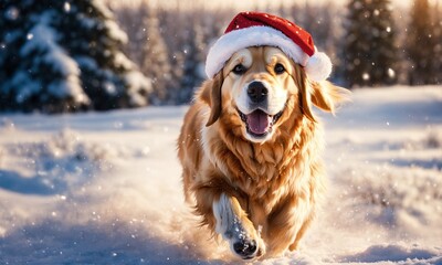 Cute golden retriever dog wearing Christmas red Santa Claus hat in snow falling sky scene. Winter Forest Landscape. Christmas Holidays.