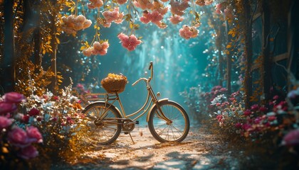 A whimsical image showcasing a bicycle with a flower basket, adorned with hanging blooms, creating a magical atmosphere in vivid