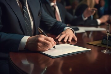 politician sitting at a table with his hands on documents during a political conference