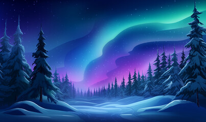 Winter night landscape, northern lights, aurora borealis, snow drifts, mountain pine tree forest. New year and Christmas background with copy space. Christmas colorful landscape illustration.