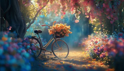 Plexiglas foto achterwand A whimsical image showcasing a bicycle with a flower basket, adorned with hanging blooms, creating a magical atmosphere in vivid © Teddy Bear