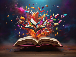 A levitating book surrounded by an explosion of vibrant colors