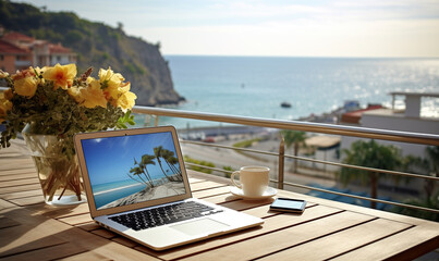 Fototapeta na wymiar Laptop and a cup of coffee on a table on balcony with an ocean view. Outdoors workspace. Computer with screen and coffee cup on wooden table on blurred sea background with copy space, business concept