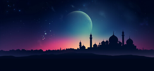 the silhouette of a mosque in the night sky with a crescent moon islamic style banner for product display