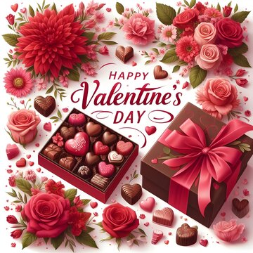 various red flowers with a box of chocolates decorated with a pink ribbon. with Valentine's Day text