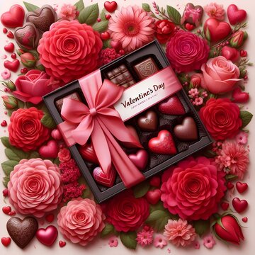 various red flowers with a box of chocolates decorated with a pink ribbon. with Valentine's Day text