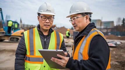 Construction workers with tablet discussing plans