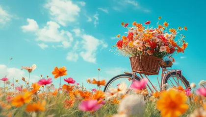 Zelfklevend Fotobehang Fiets A whimsical scene of a bicycle with a basket overflowing with vibrant flowers, set against a backdrop of a clear blue sky, captured in flawless