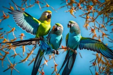 Obraz premium A pair of playful parakeets engaged in a mid-air acrobatic display, their vibrant feathers creating a kaleidoscope of colors against a clear blue sky.