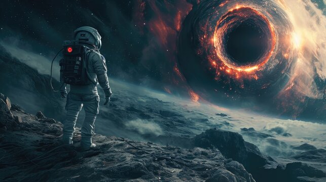 Furistic landscape with astronauts with a big black hole concept, Generative AI.