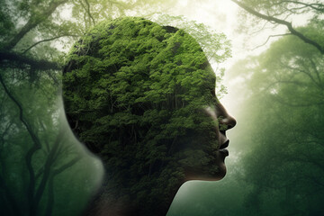 Nature, human connection with nature, environment concept. Human face silhouette made from greenery in forest background with copy space. Abstract minimalist illustration