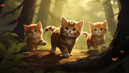the adorable illustration of kittens playing in the forest