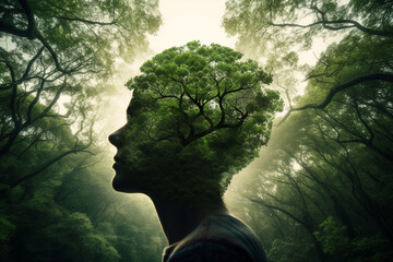 Nature, human connection with nature, environment concept. Human face silhouette made from greenery in forest background with copy space. Abstract minimalist illustration - obrazy, fototapety, plakaty