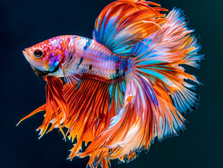 A spectacular Betta fish with a multicolored body and flamboyant fins glides elegantly in a tranquil aquatic environment.
