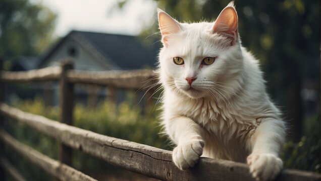A charming young cat with white fur and captivating green eyes jump over a fence in the garden, showcasing its cute and domestic nature against a backdrop of lush greenery