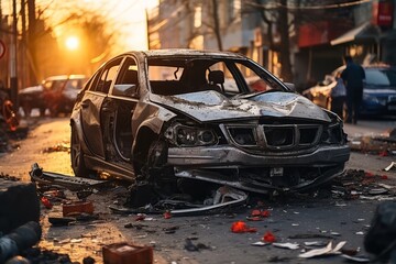 Sunset Aftermath: Wrecked Car in Urban Street