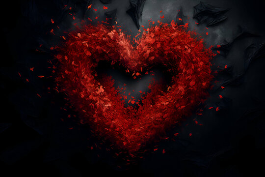 Red heart on a black background with a lot of smoke and fire