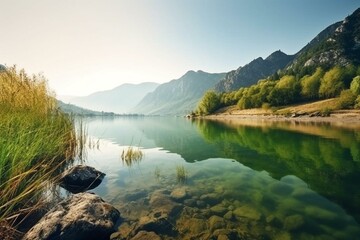 Stunning panoramic landscape with mountains, river, and lake. Serene natural beauty. Generative AI