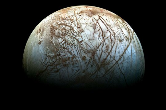 An image of Jupiter's moon Europa captured by the Juno spacecraft. Generative AI