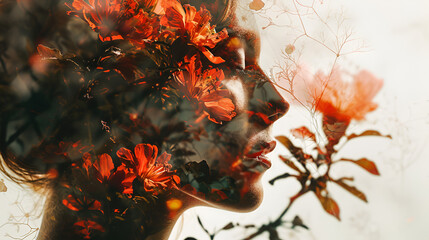 Woman covered with flowers and clouds, positive thinking, creative mind, self care and mental health concept ai generative