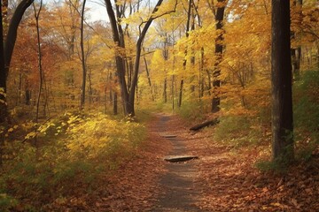 Scenic trail amidst fall woods. Generative AI