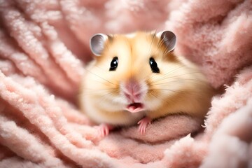 A contented hamster nestled in a bed of fluffy bedding, its cheeks stuffed with food, showcasing the endearing charm of these pint-sized pets.
