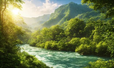 Fototapeta na wymiar Forest Rivulet Reverie: Scenic Mountain River Meandering Through Verdant Woodlands. Nature's Tranquil Beauty
