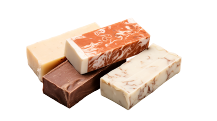 Set of ayurvedic handmade soap bars isolated on white background, DIY Soap bars without background and labels, brown, orange, and creamy color soaps