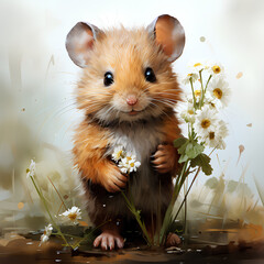 Cute Mouse with Flower in Watercolor