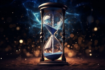 States of mind, culture and religion, life, art concept. Beautiful retro hourglass in surreal desert and night sky with stars background illustration. Fragile and short life metaphor