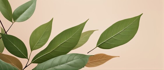 Leaf background in Aesthetic minimalism style. Soft pastel, neutral colors and beige elements for social media.