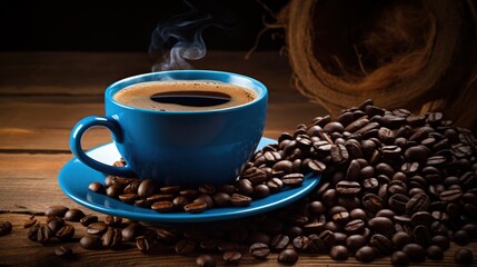 A blue coffee cup full of black coffee on a wood background with coffee beans