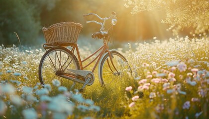 A dreamy composition featuring a bicycle and a basket filled with wildflowers, the soft focus adding a touch of romance to this enchanting