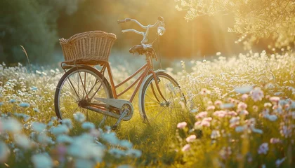 Foto op Aluminium A dreamy composition featuring a bicycle and a basket filled with wildflowers, the soft focus adding a touch of romance to this enchanting © Teddy Bear