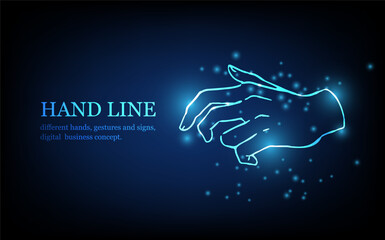 Human hand line, different hands, gestures and signs, digital business concept, futuristic digital innovation background vector illustration.