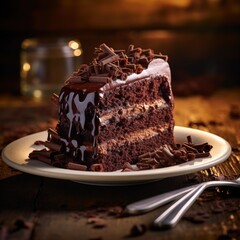 Chocolate cake topped with delicate chocolate curls.