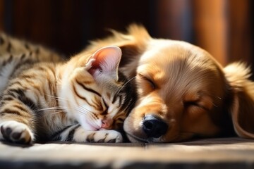 A cat and a dog peacefully slumber together.